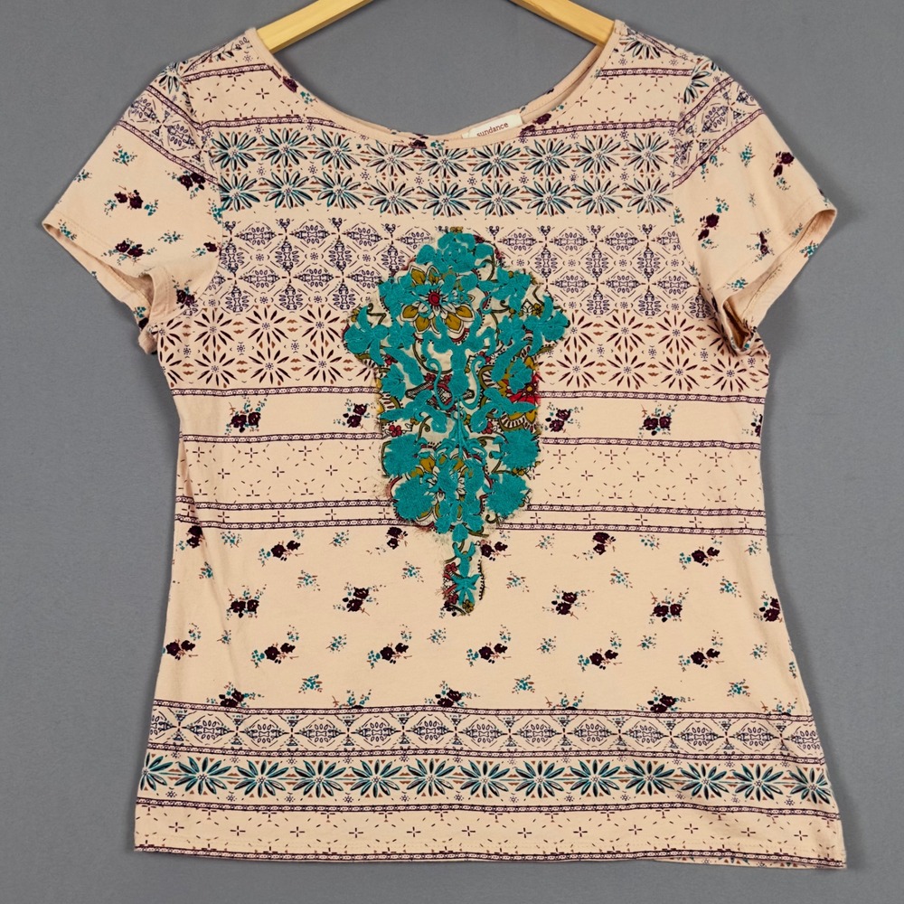 Sundance Womens Small Boho Floral Print Embroidered Applique Keyhole Tee Peach